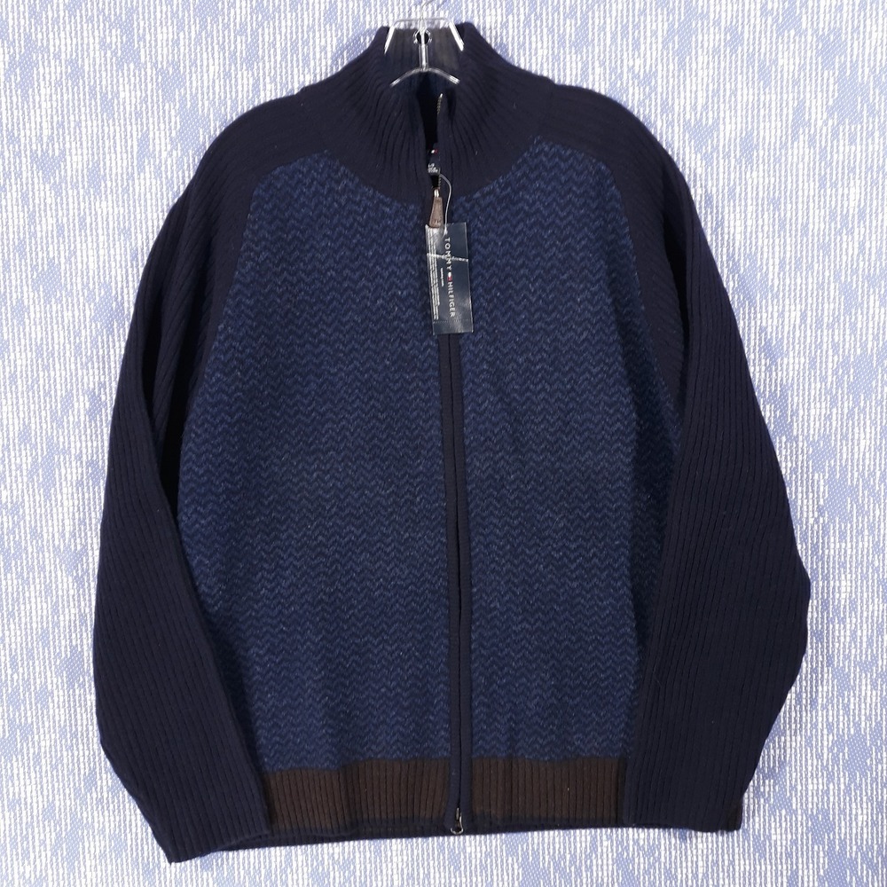 Tommy Hilfiger Lambs Wool Sweater Mens Large Full Zip Knit Blue NEW